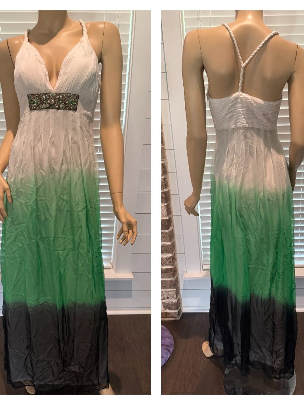 Sue Wong Silk Chiffon Dress Beaded Evening Gown Cream Green Party Ombre NEW D6